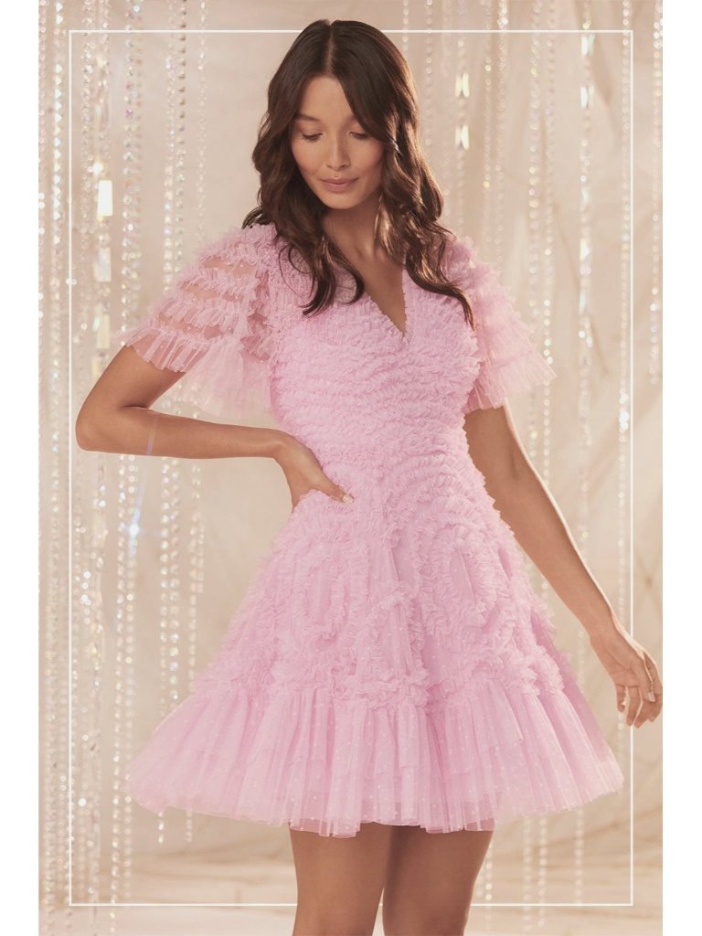 Nwt Needle & Thread Verity In Blush Pink Tulle Ruffle V-Neck Micro Mini Dress 12 — image 4 of 8